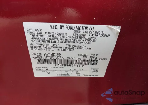 2015 Ford Taurus Limited from USA, damaged, VIN 1FAHP2F89FG146510